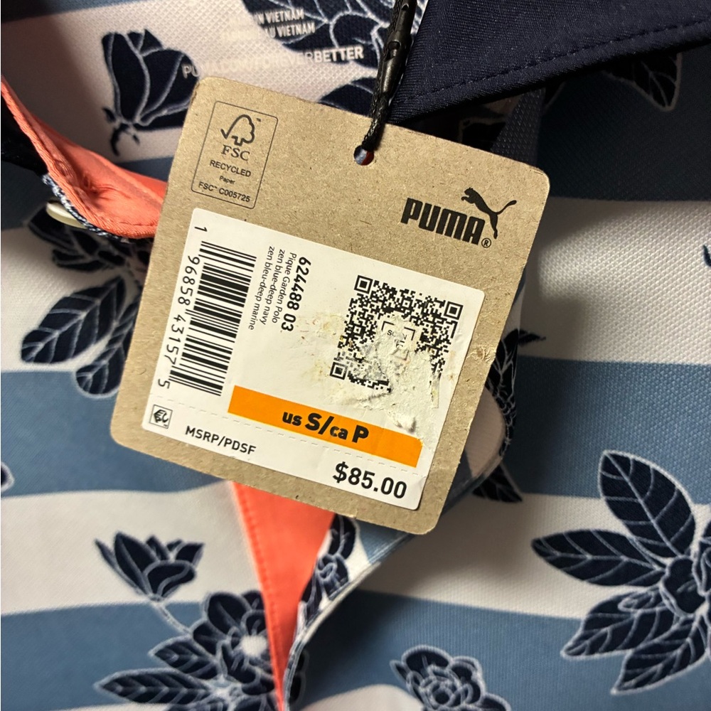 Puma Blue and White Striped Floral Polo with Coral Trim